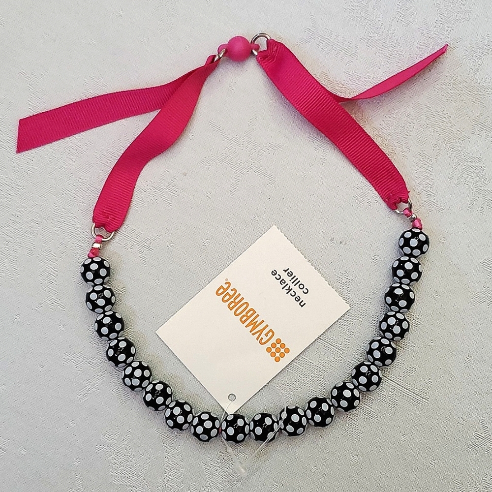 NWT New Gymboree Black White Polka Dot Beads & Pink Ribbon Necklace for Girls